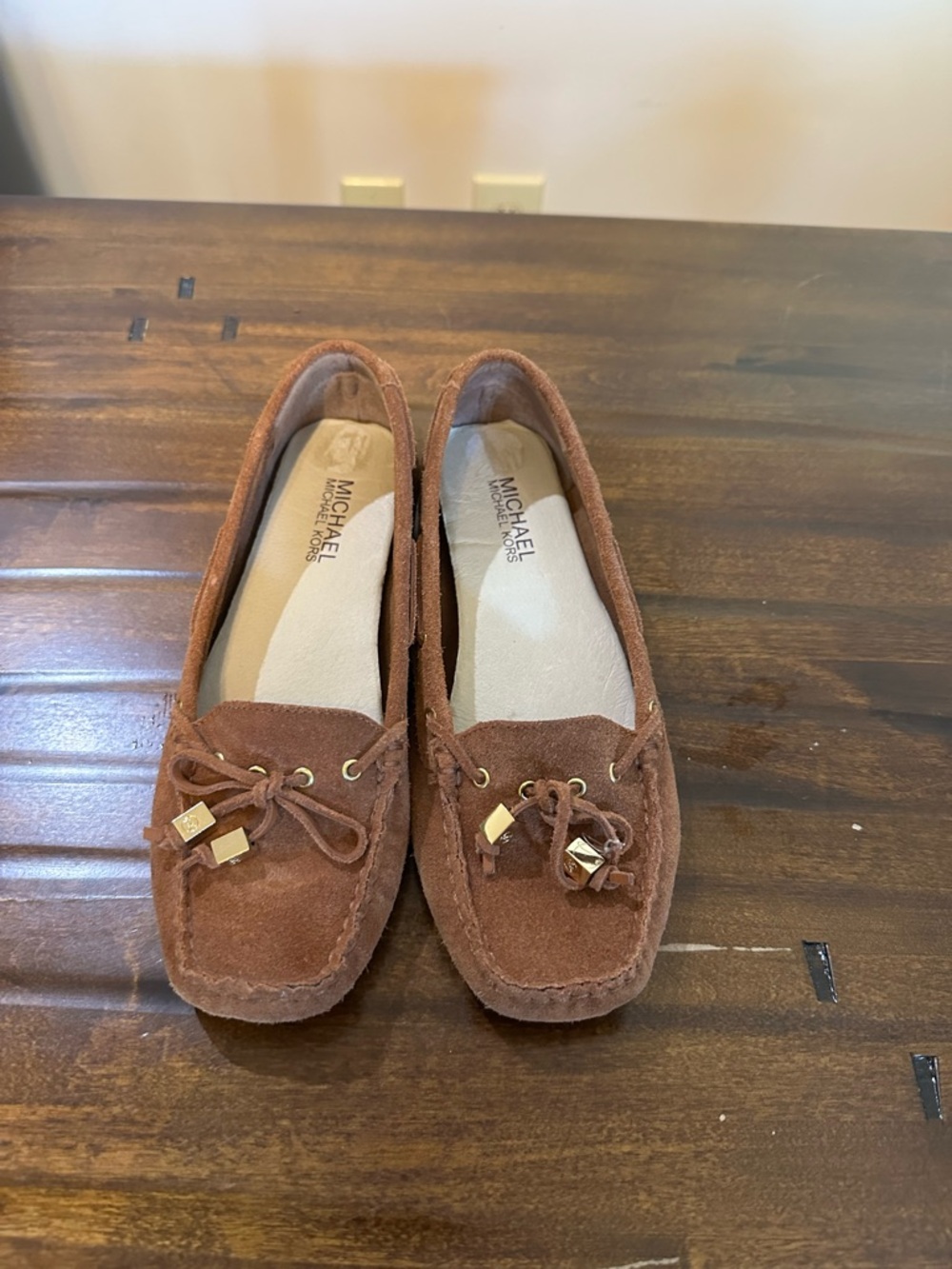Michael Kors Chestnut Suede Moccasin Loafers with Gold Accents